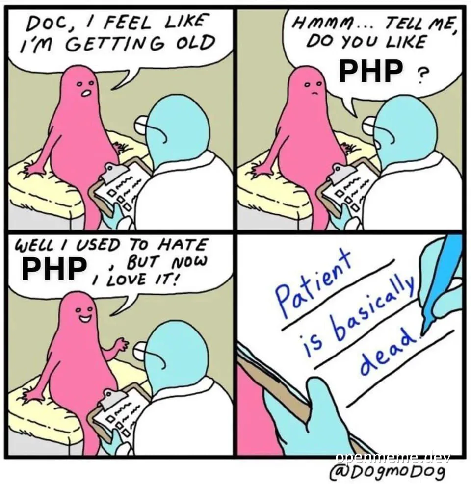 Cartoon meme about a doctor's appointment with a pink blob-like character discussing their feelings of aging and their changing opinion on PHP.