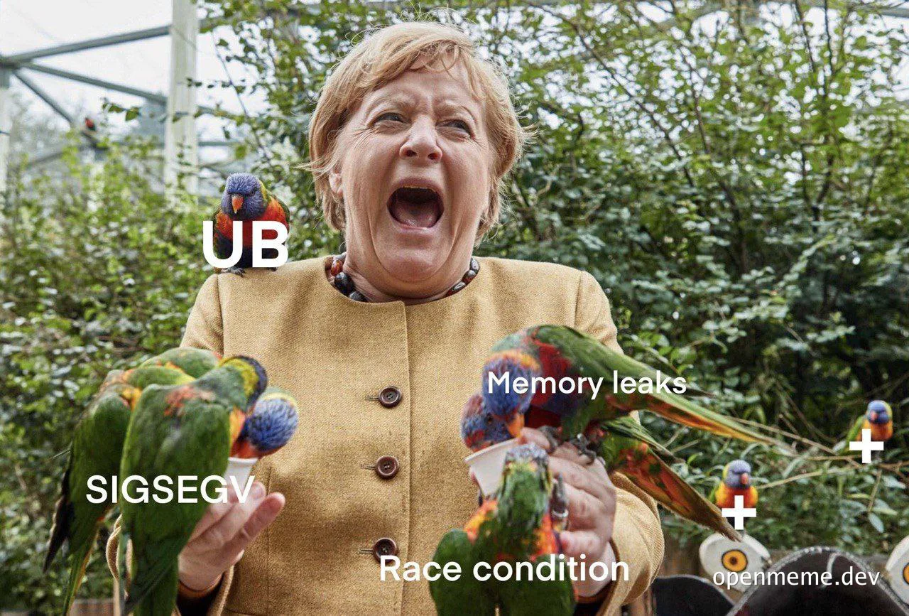 Angela Merkel screaming while surrounded by parrots labeled with programming errors such as SIGSEGV, UB, Memory leaks, and Race condition.