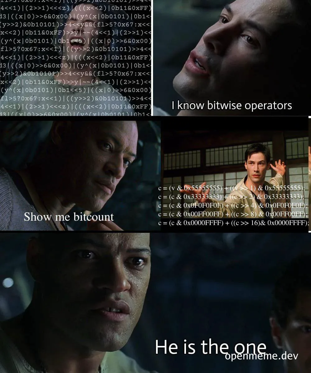 meme image of four scenes from the Matrix with code on the screen