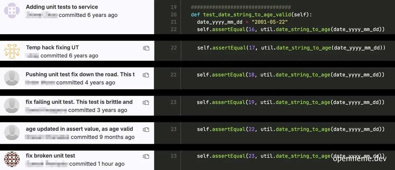 screenshot of code commits with humorous comments about unit tests