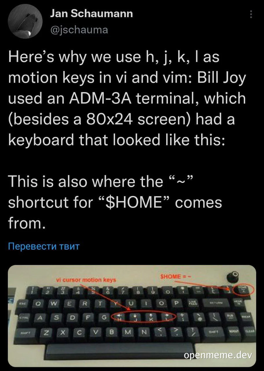Vintage keyboard layout explaining vi and vim motion keys