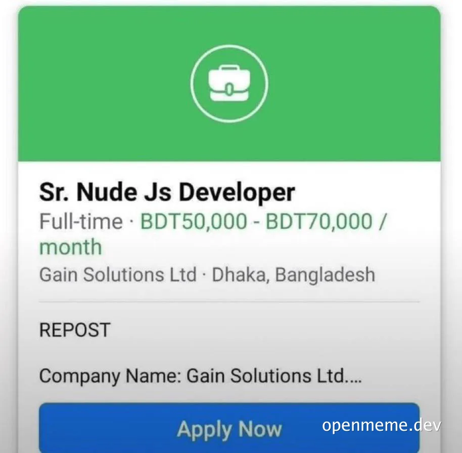 Sr. Nude Js Developer job posting meme