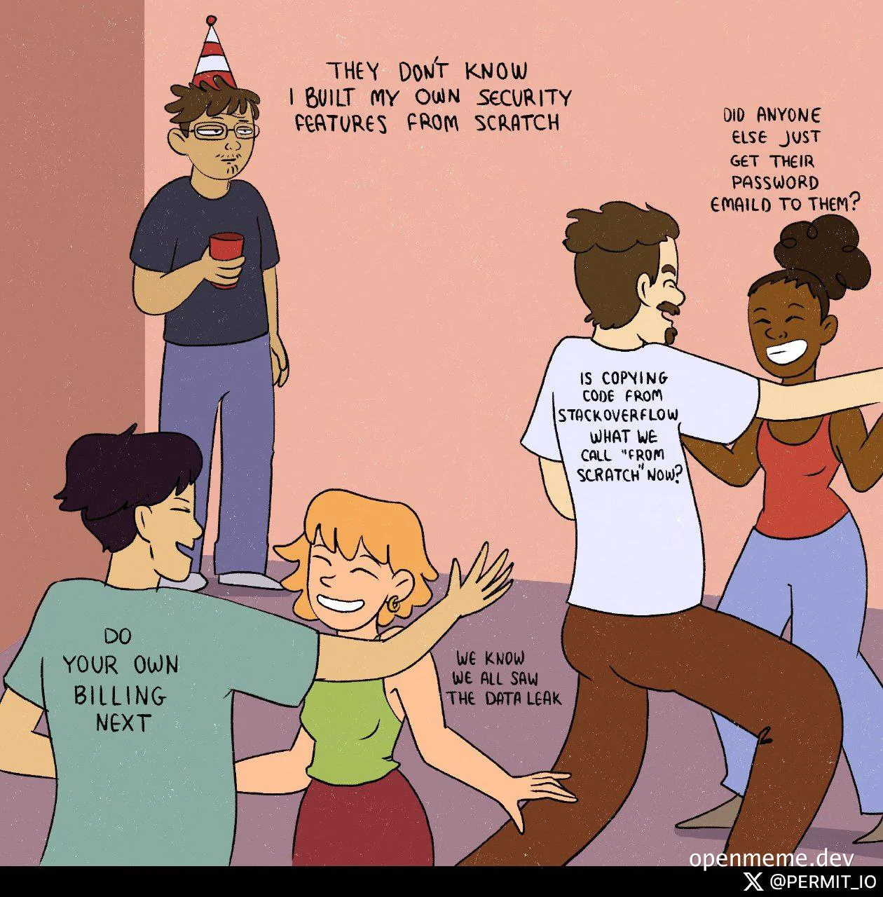 cartoon illustration of a group of people talking about security features and data leaks