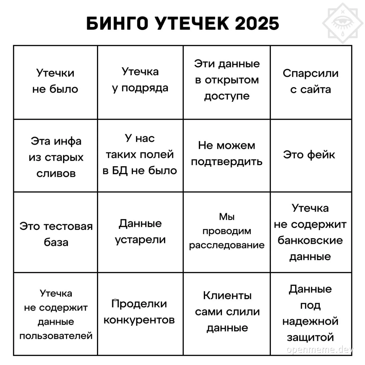 Бинго утечек 2025 - мем с таблицей ответов на заявления о утечках данных