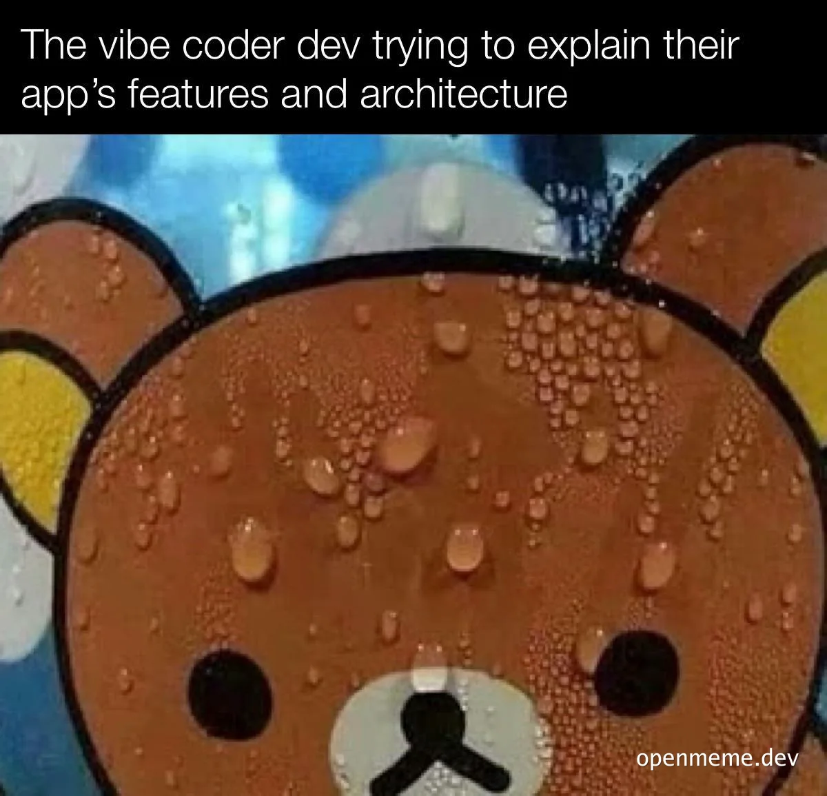 meme of sweaty bear face with text 'The vibe coder dev trying to explain their app's features and architecture'