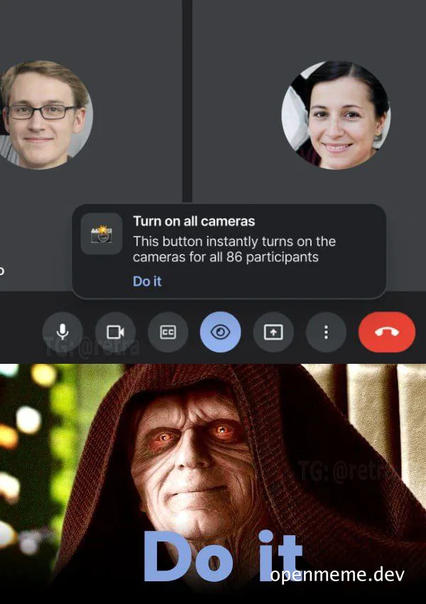 meme about turning on all cameras in a video call with a Star Wars character