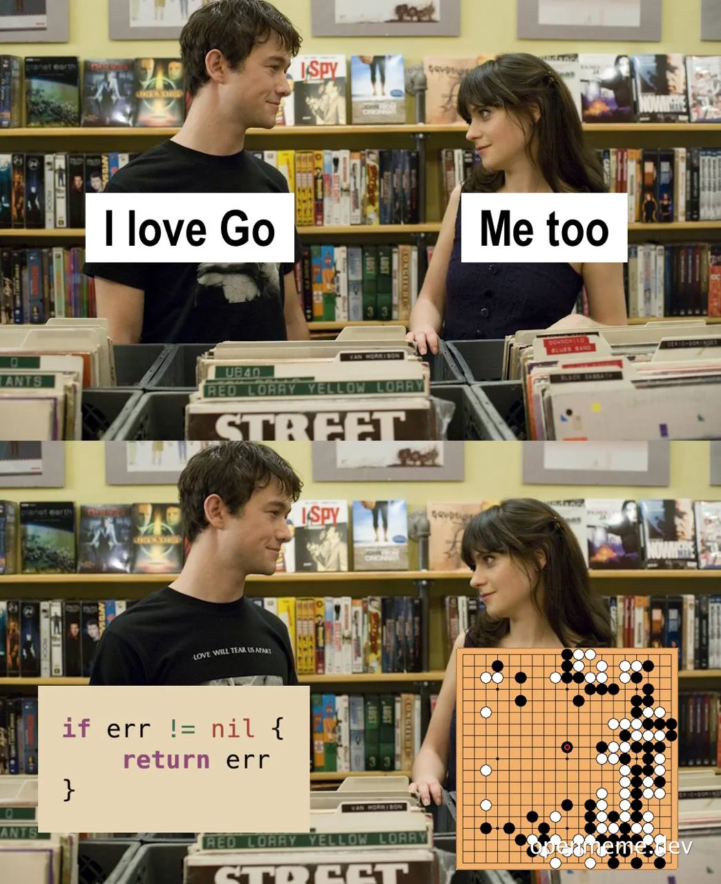 a man and woman talking in a record store about loving the Go programming language