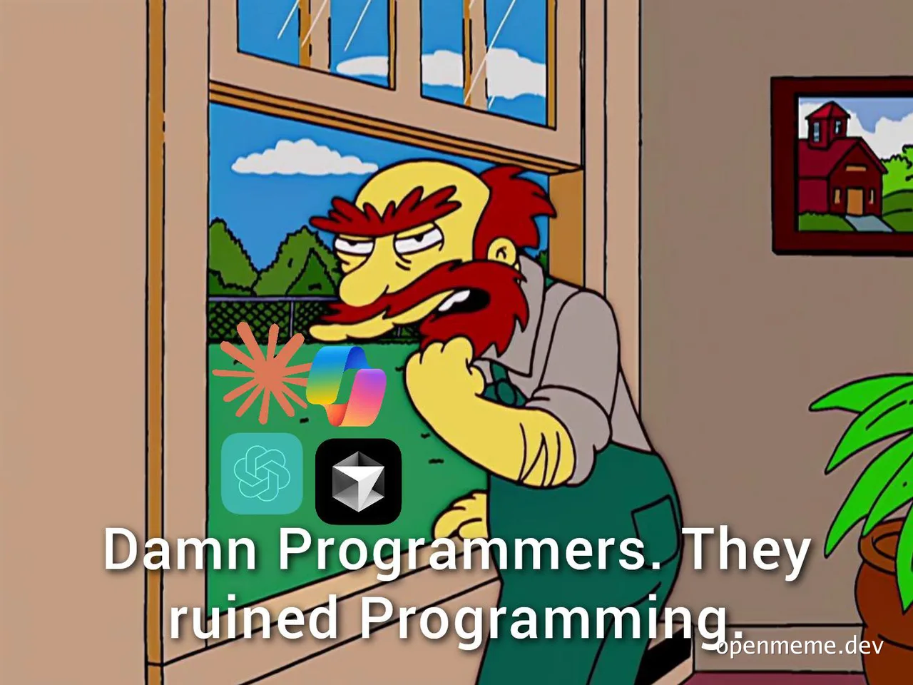 meme of angry man looking out window with logos of GitHub, Copilot, Stack Overflow, and Ethereum on the window