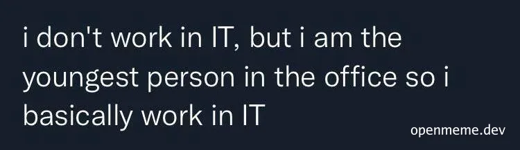Text on dark background: 'i don't work in IT, but i am the youngest person in the office so i basically work in IT'