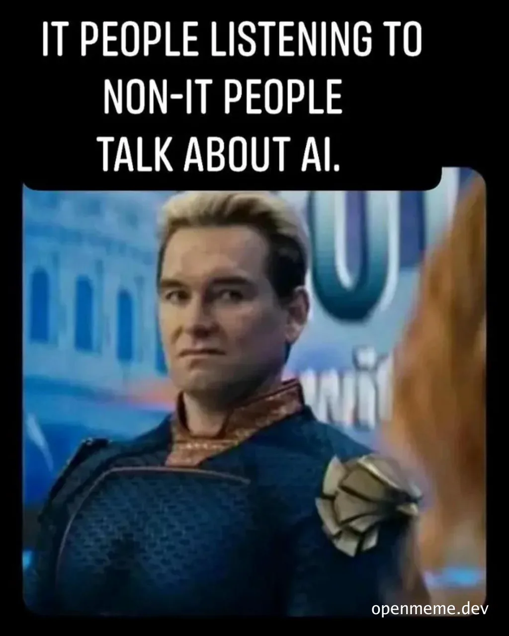 A character with a confused expression looking to the side, captioned 'IT people listening to non-IT people talk about AI.'