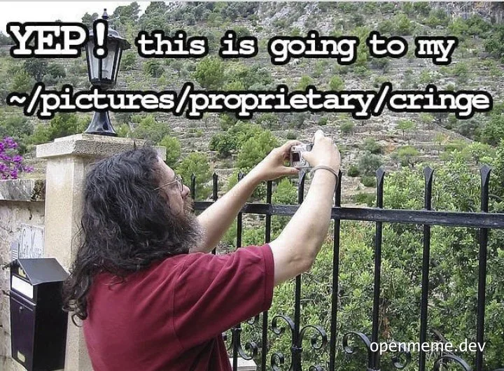 Man taking a photo of a scenic view with a caption about saving to a cringe folder