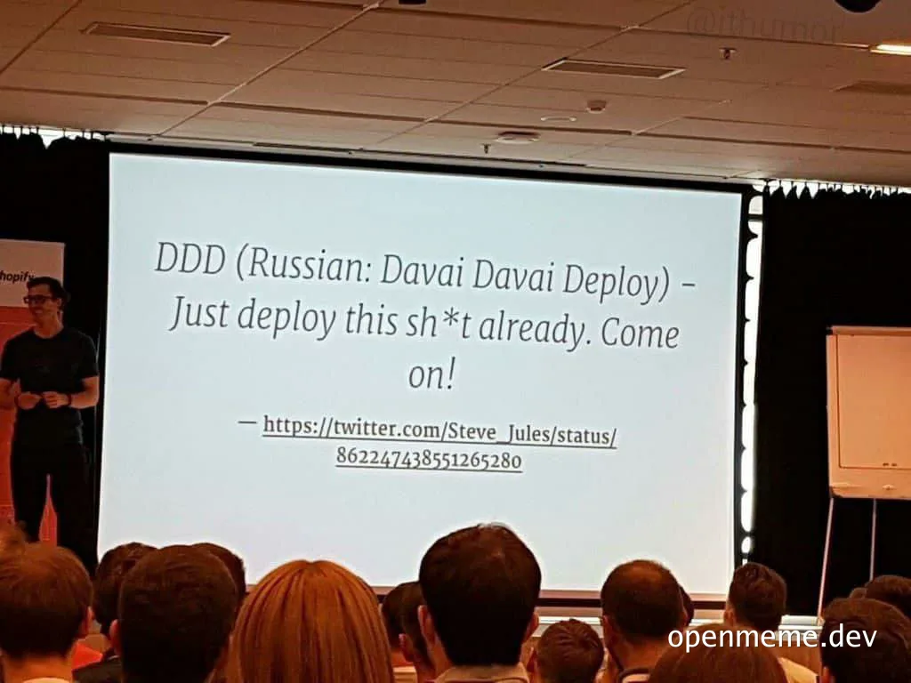 a developer conference presentation slide with a humorous take on DDD
