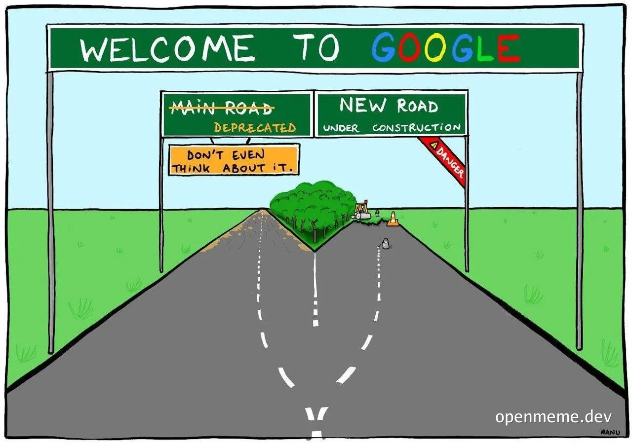 Cartoon road with welcome to google sign and deprecation signs