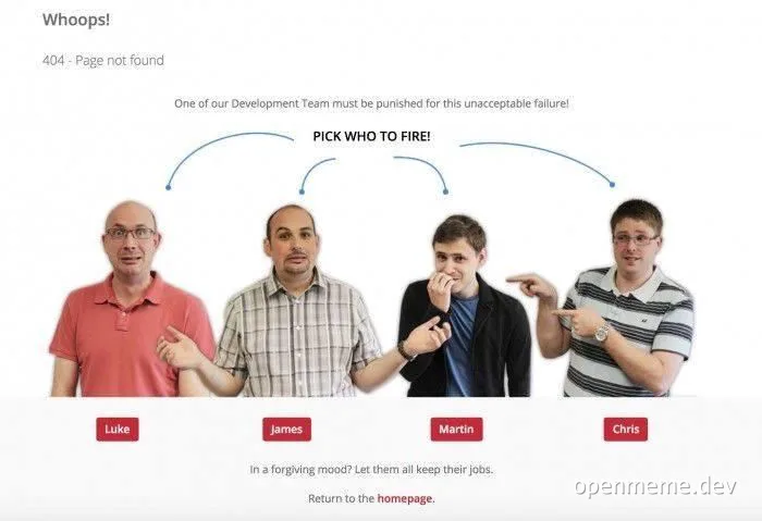 Four men pointing at each other with 'PICK WHO TO FIRE!' above them