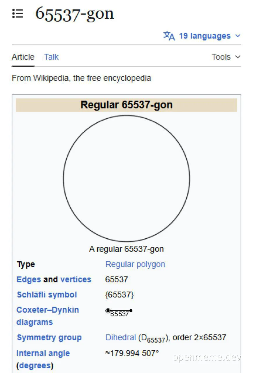 Wikipedia page for the 65537-gon showing a shape that looks like a circle