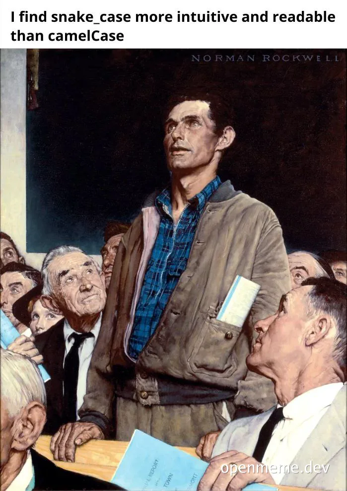 Norman Rockwell-style painting of a man standing confidently in a crowd, with a caption about coding style preferences