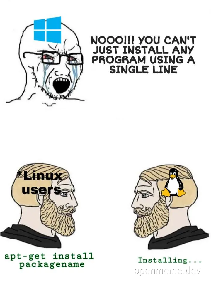Windows user frustrated by complex installation process compared to Linux users easily installing with apt-get