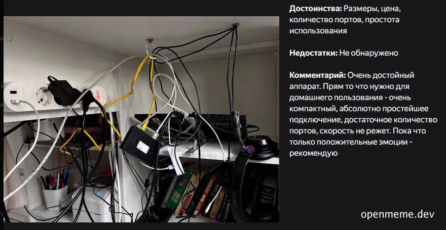 Cluttered workspace with tangled wires and devices