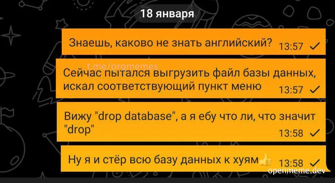 russian meme about a developer accidentally dropping a database