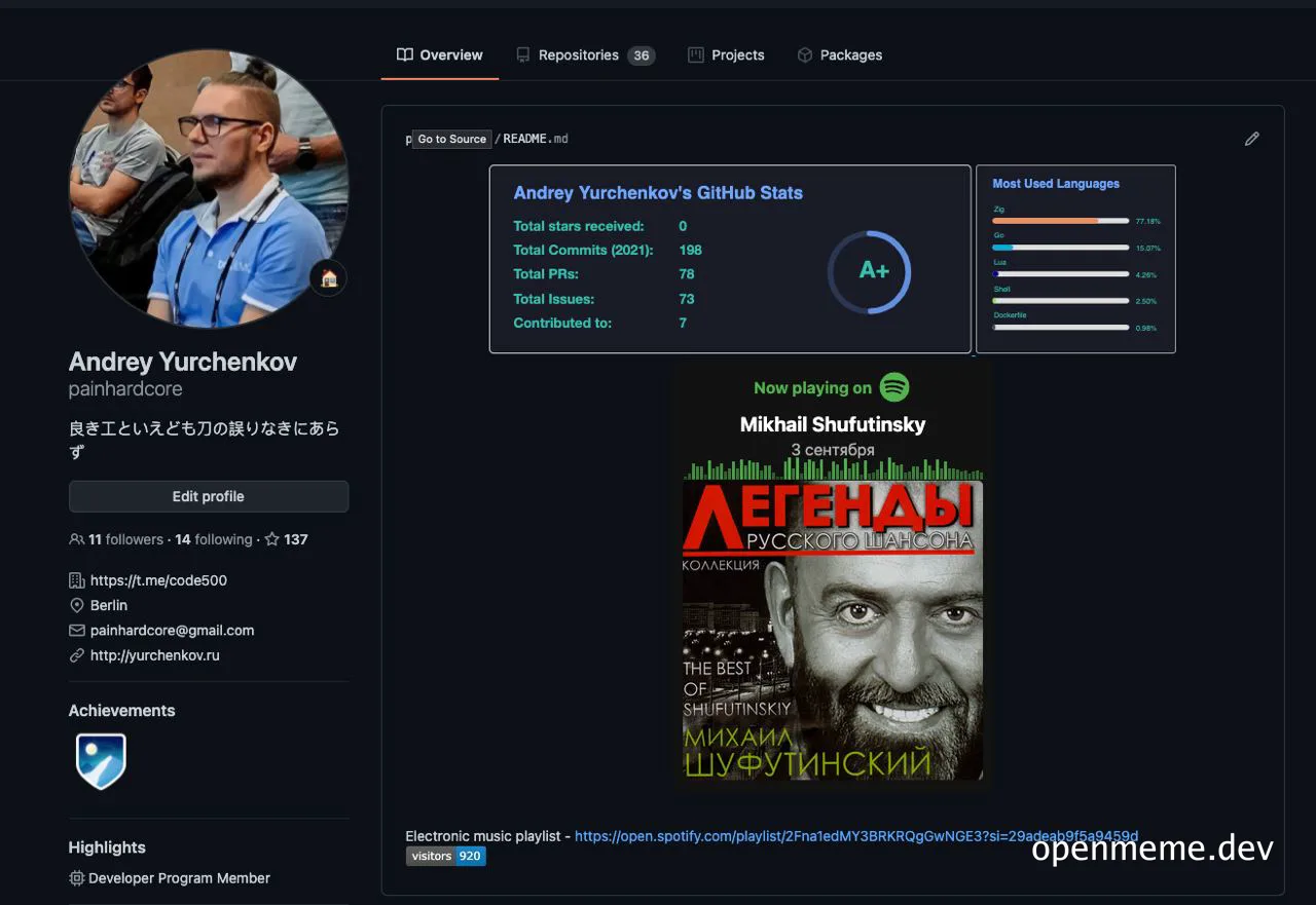 A developer's GitHub profile with a humorous twist