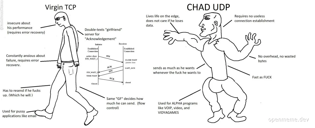 Virgin TCP vs Chad UDP meme comparing TCP and UDP protocols