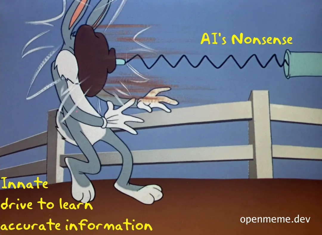 Cartoon rabbit with shocked expression receiving nonsense from AI