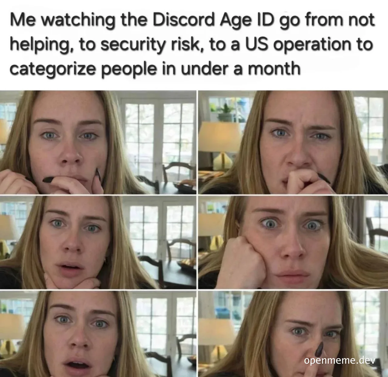 woman with shocked expressions on her face in six different frames