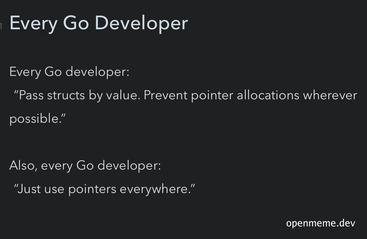 Go developer humor about passing structs by value vs using pointers