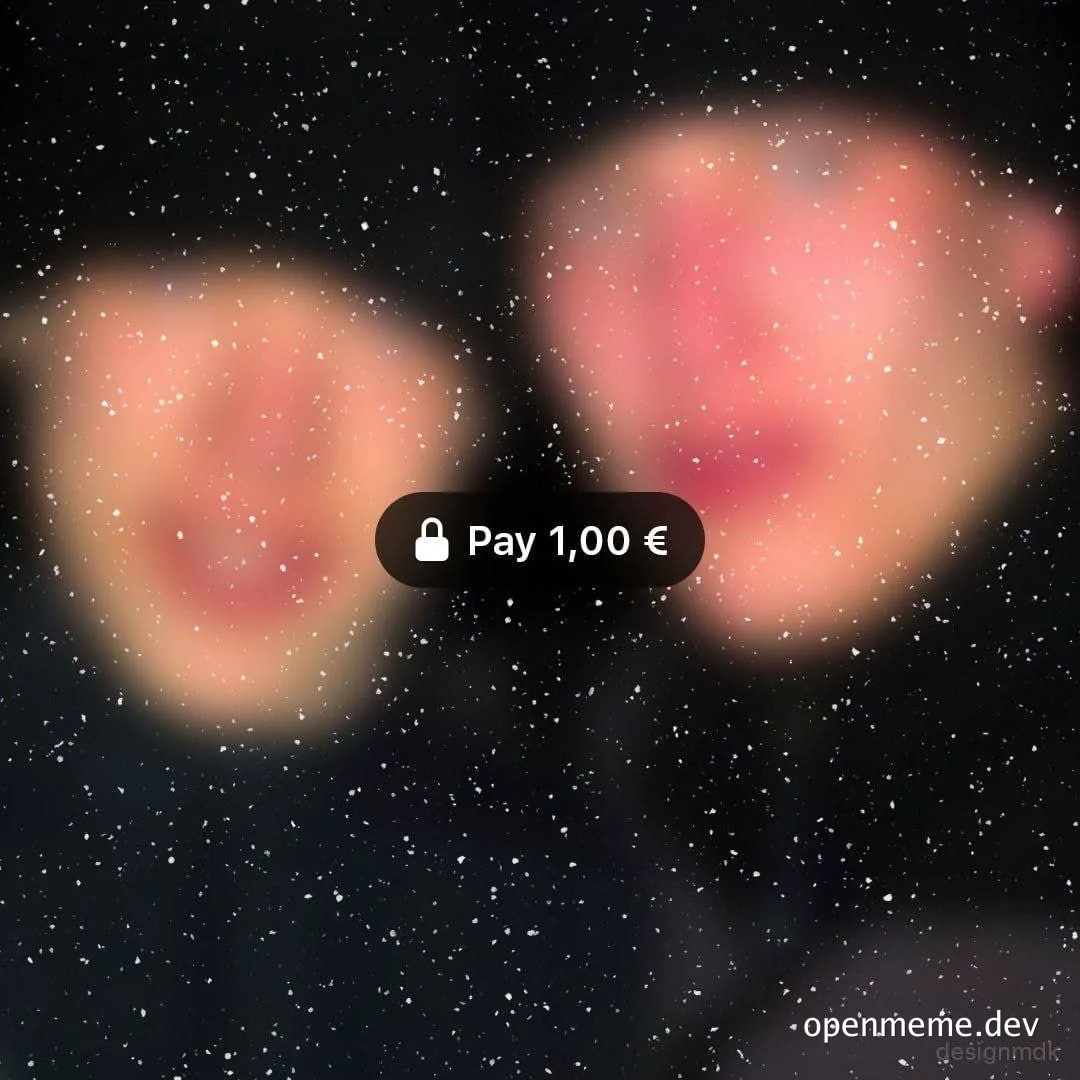 Two blurry faces on a starry background with a Pay 1,00 € button