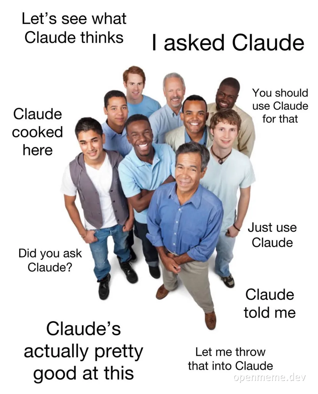 Claude AI meme with group of people and multiple references to Claude
