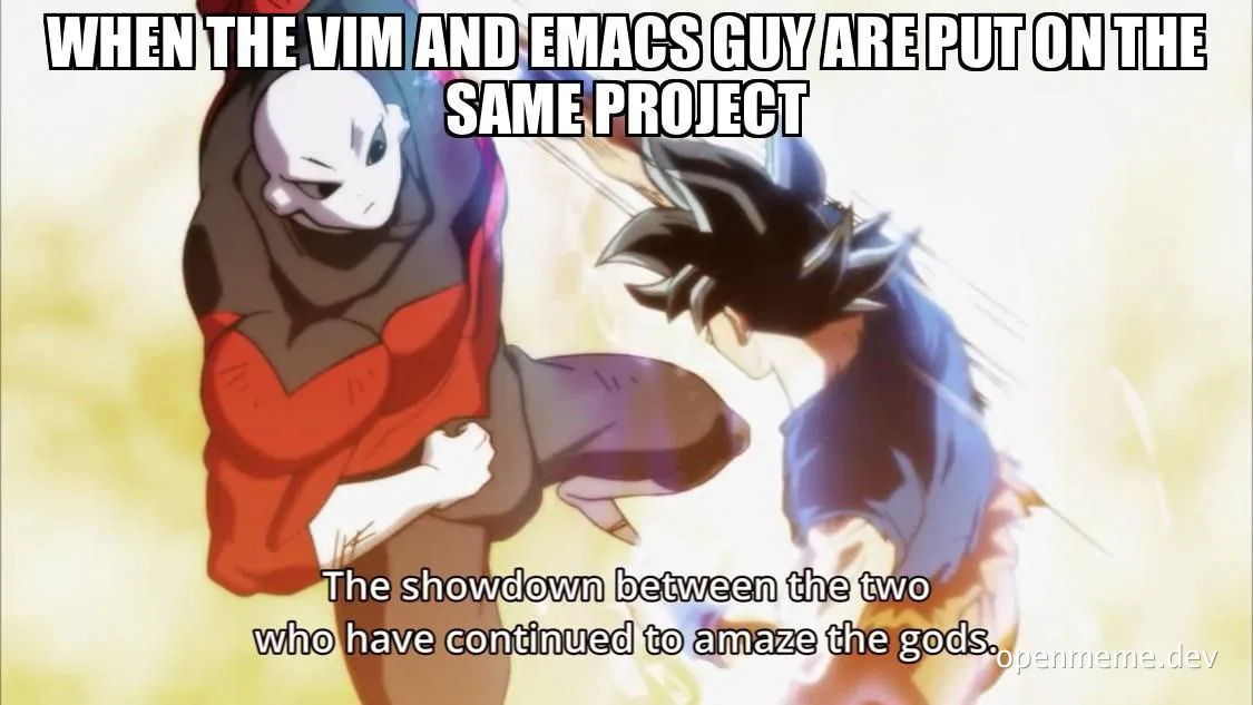 Dragon Ball Z characters fighting, labeled as vim and emacs users