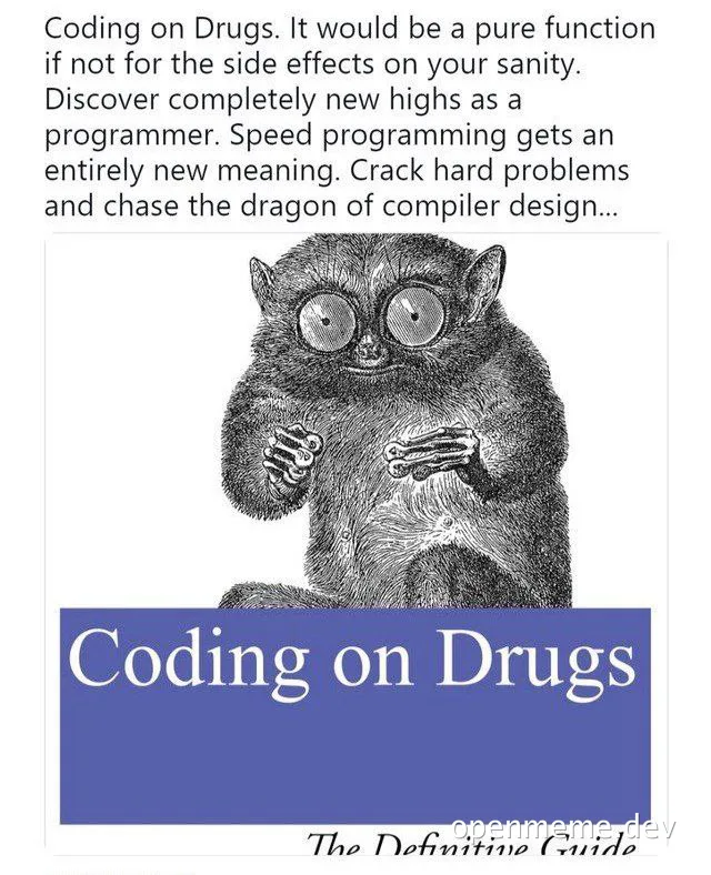 Tarsier with oversized eyes on a book cover titled 'Coding on Drugs'