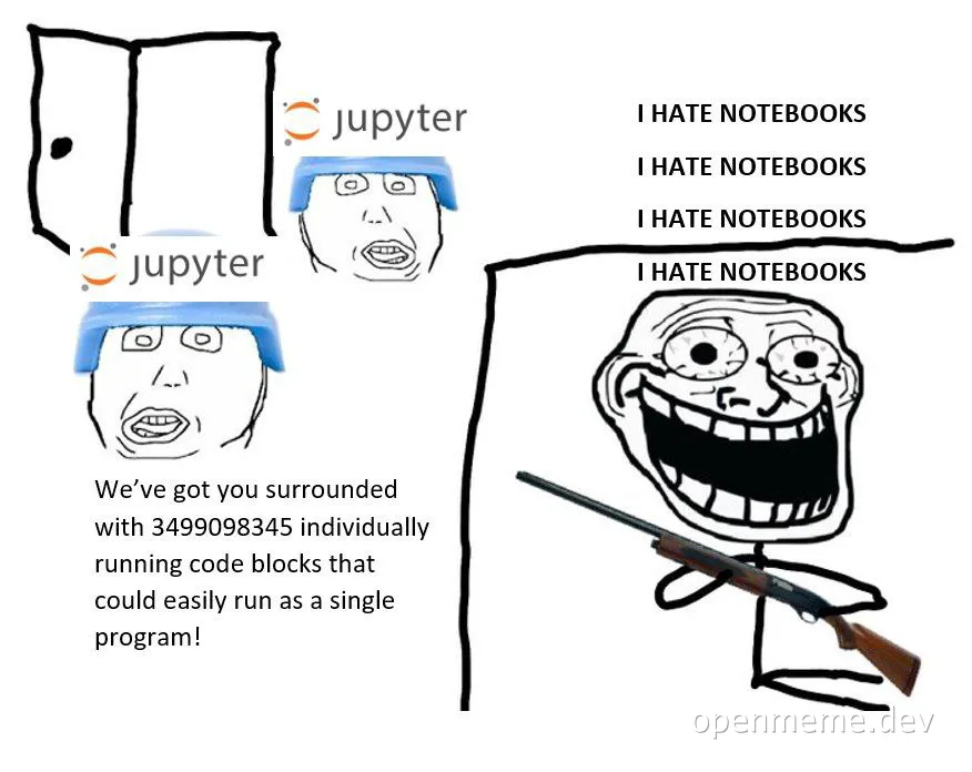 Jupyter notebook meme with a maniacal coder surrounded by jupyter notebooks