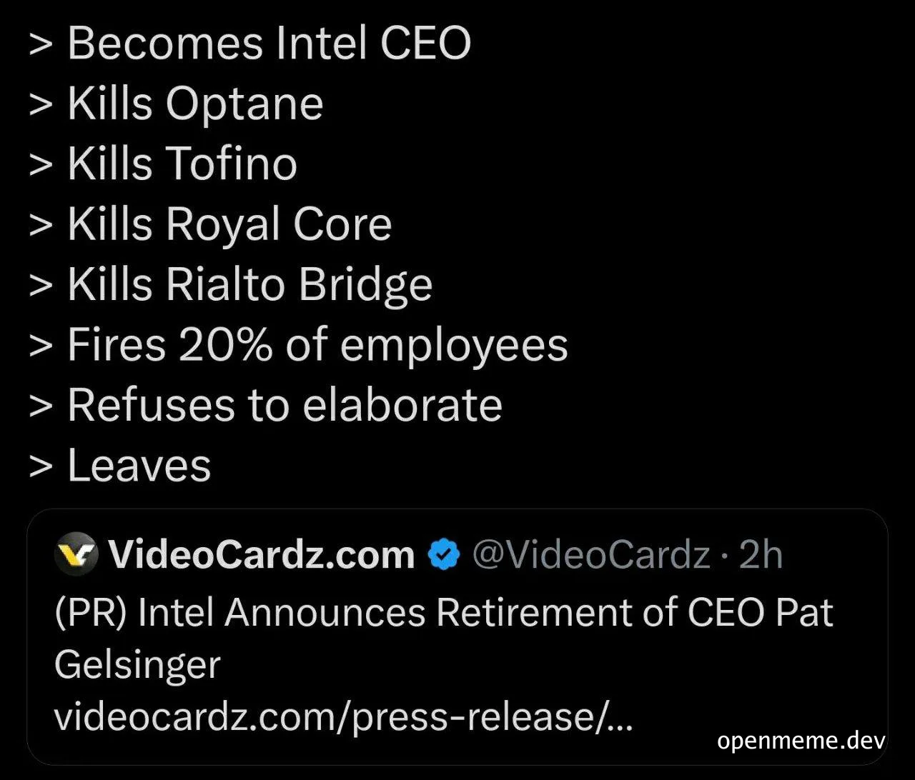 New Intel CEO kills projects and fires employees