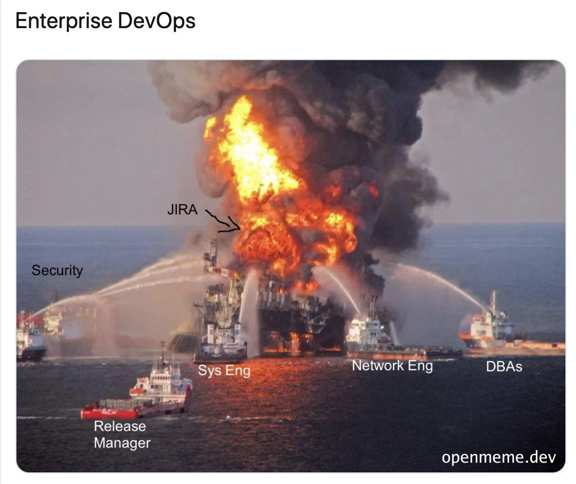 oil rig on fire with boats labeled release manager, sys eng, network eng, dbas, security and jira