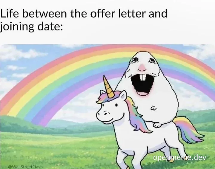 A white cartoon character with buck teeth joyfully riding a unicorn through a green meadow under a rainbow, captioned 'Life