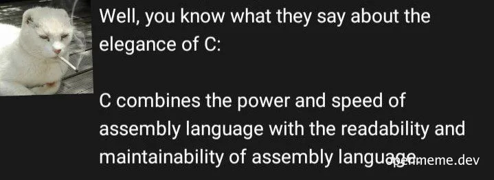 Weasel smoking a cigarette with a caption about C programming language