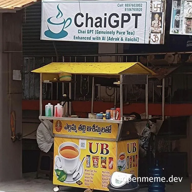 ChaiGPT tea cart sign with AI branding