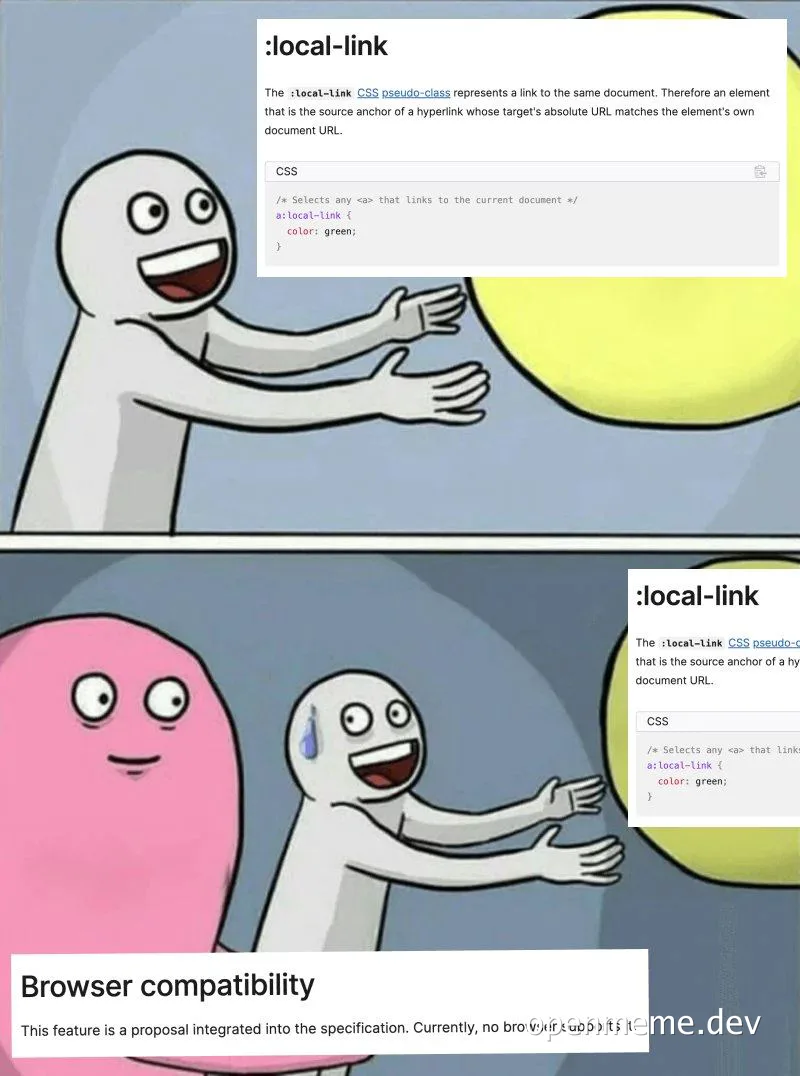 excited developer reaching out to browser compatibility with a green link, then crying when no browser supports it