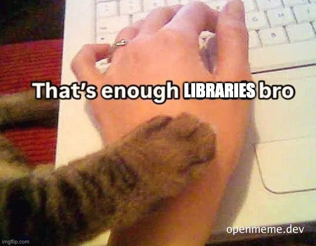 cat on hand with text 'That's enough LIBRARIES bro'