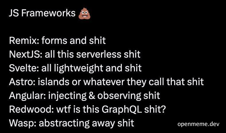JS Frameworks meme with a list of popular frameworks and their humorous descriptions