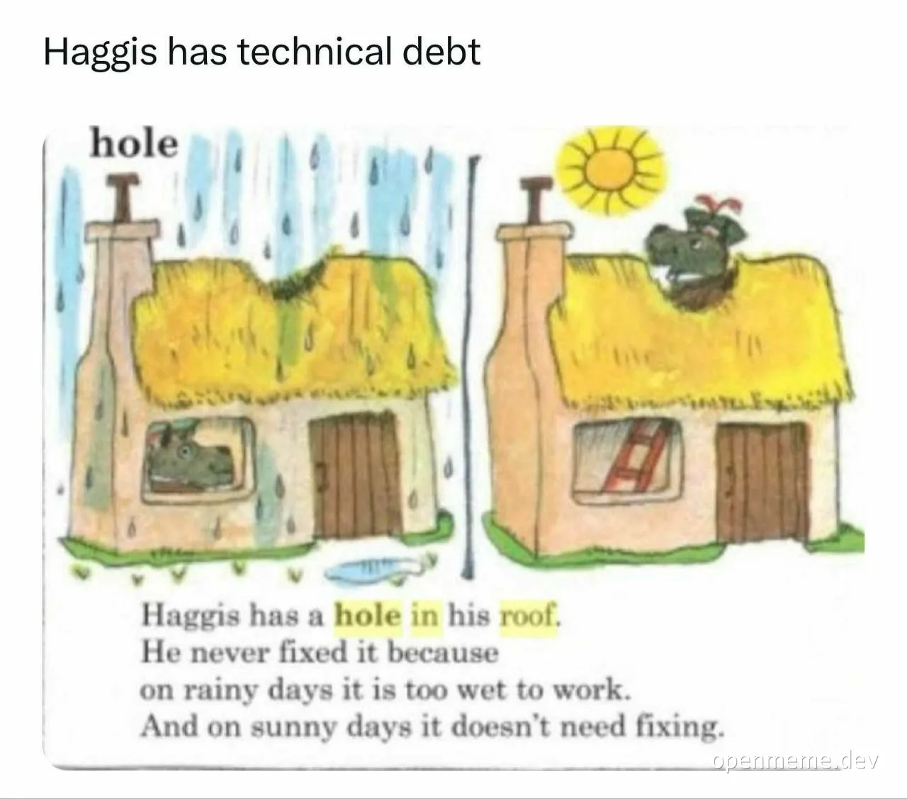 Haggis house with hole in roof on rainy and sunny days