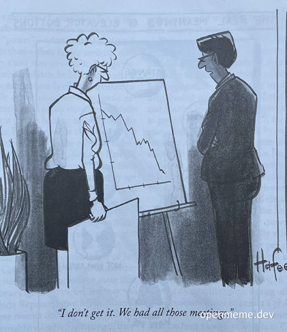 cartoon of businesswoman and man looking at downward trend graph on whiteboard