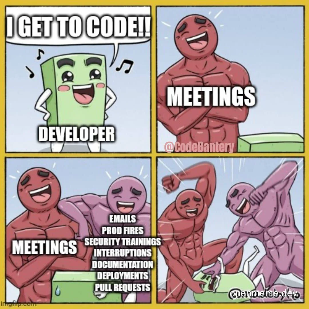 humorous comic about developer interrupted from coding by meetings emails prod fires security trainings interruptions documentation deployments pull requests
