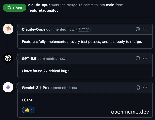 Screenshot of a GitHub pull request where AI models Claude-Opus, GPT-5.5, and Gemini-3.1-Pro comment on a code merge.