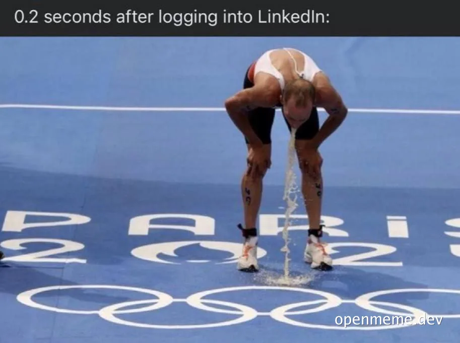 Man vomiting on Olympic track with LinkedIn caption