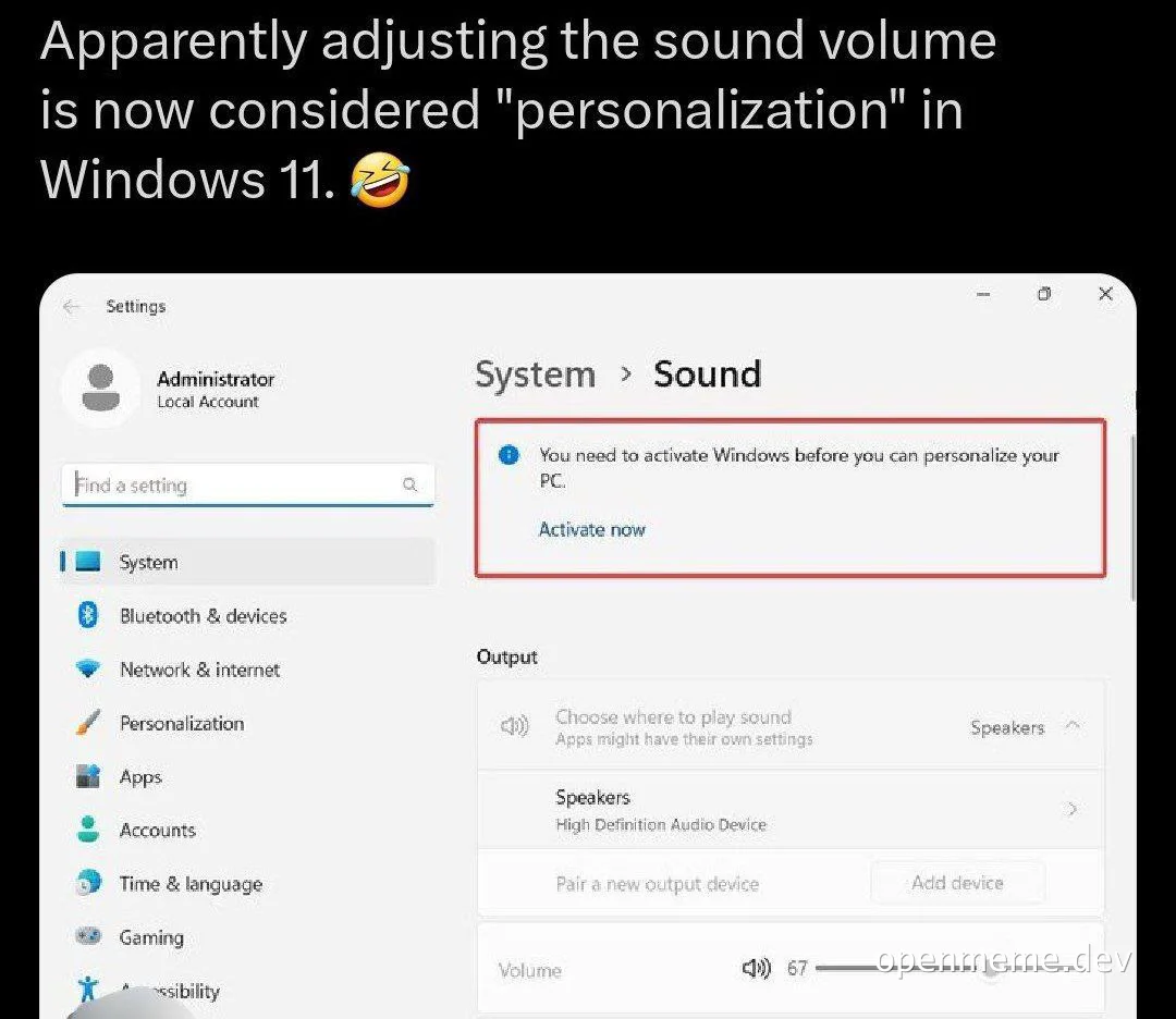Windows 11 settings screenshot with error message about activating Windows to personalize PC