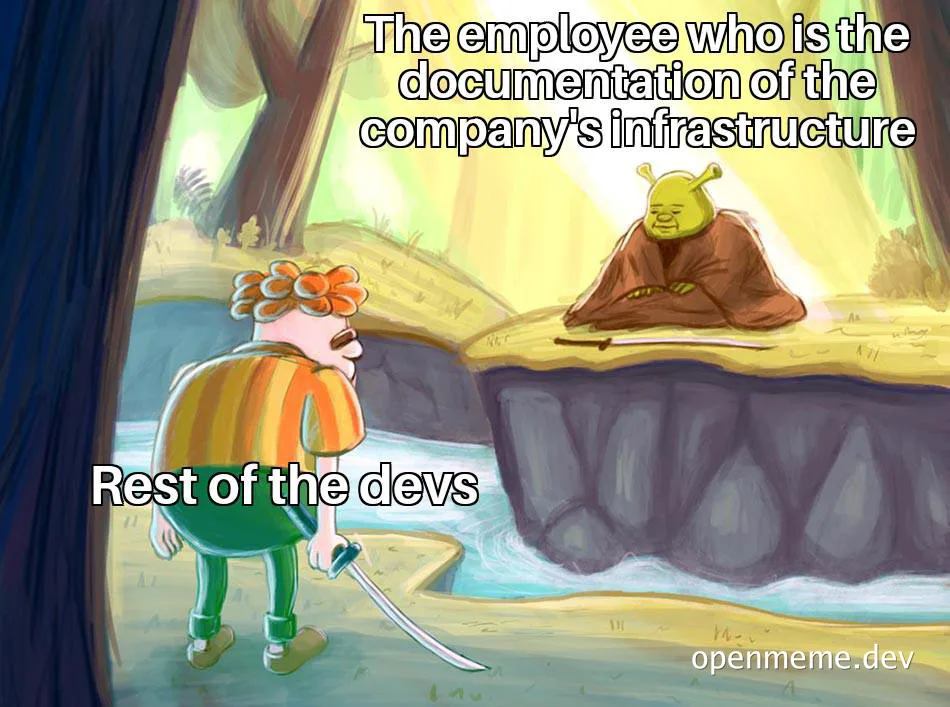 Shrek meme with a developer and another character representing the employee who is the documentation of the company's infrastructure and the rest of the devs