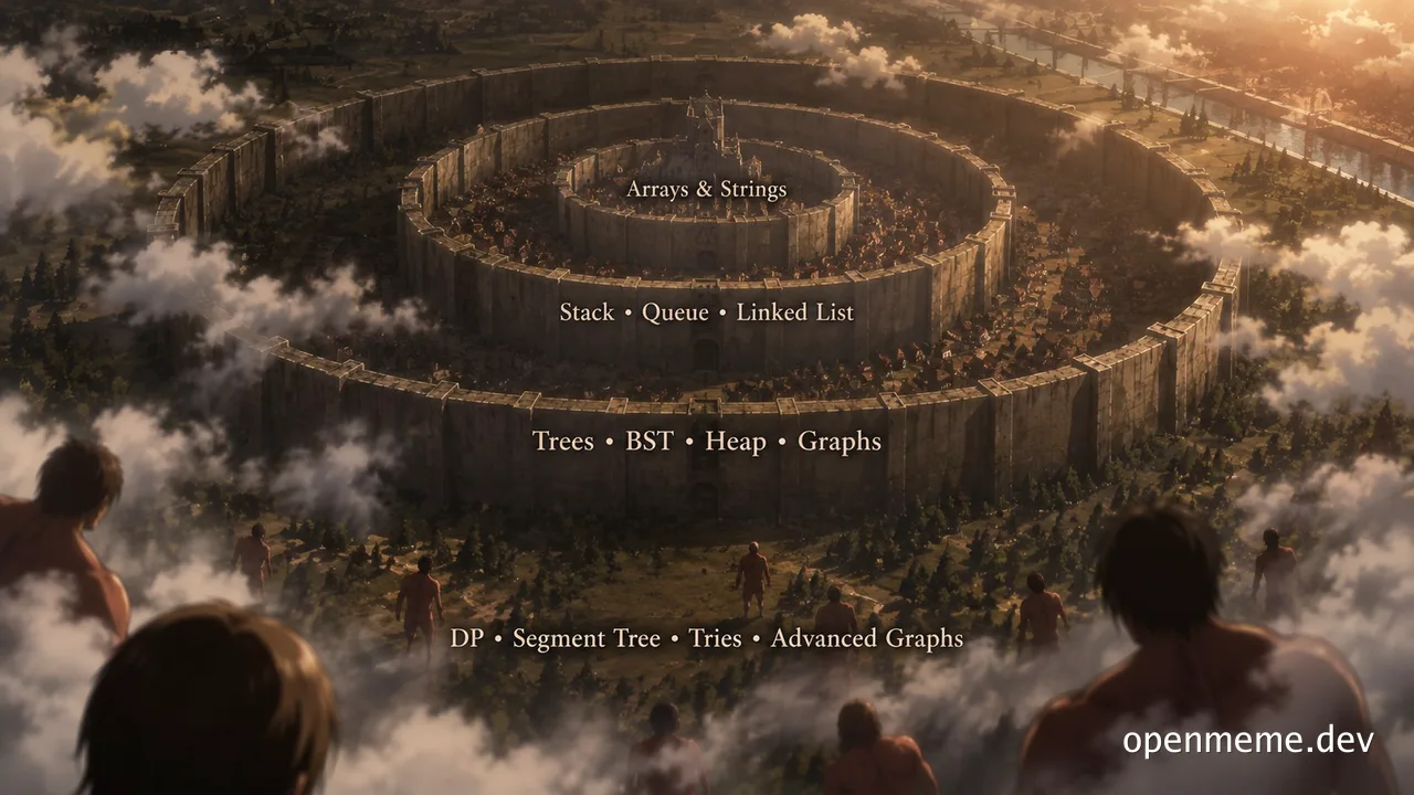 Game of Thrones-style aerial view of a circular fortress wall with concentric rings labeled with data structures and