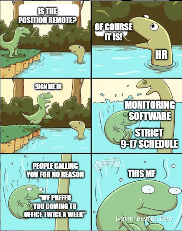 Dinosaur comic strip about misleading remote job offer